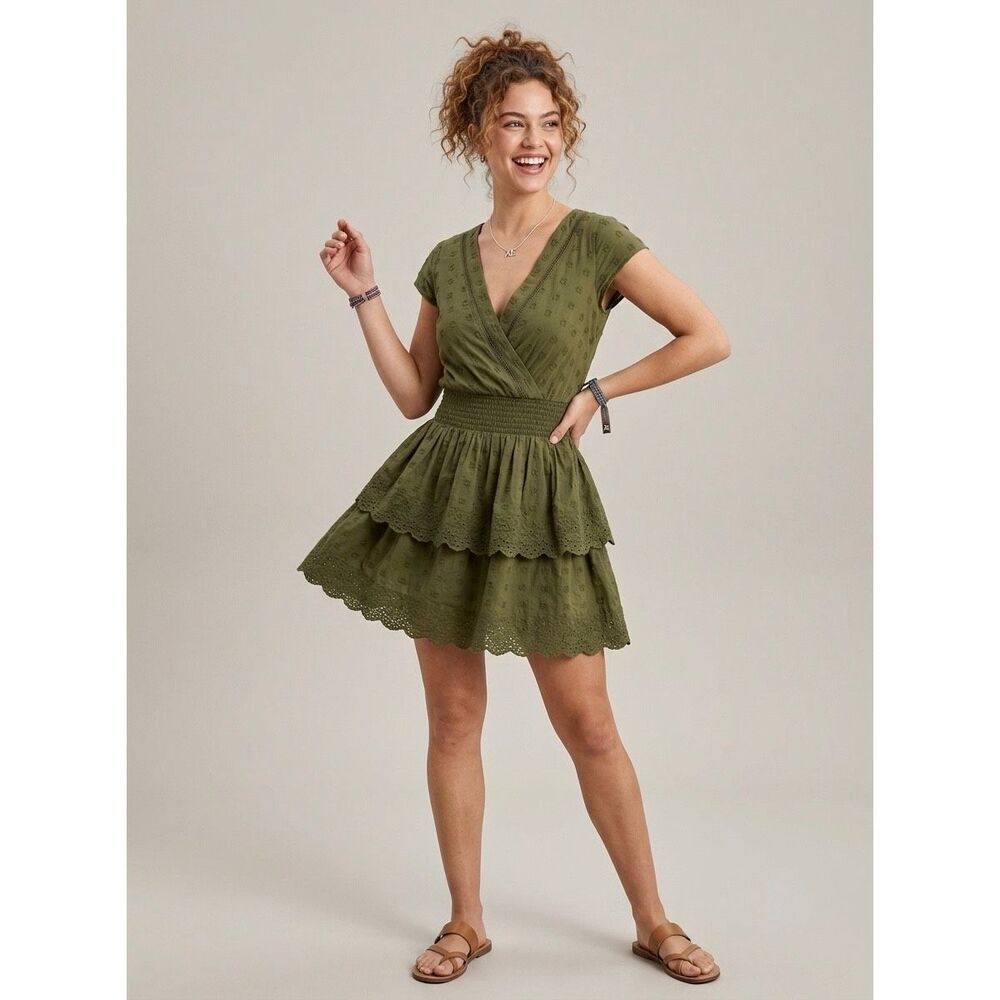 American Eagle Outfitters Olive Green Eyelet Tired Mini Dress Size M